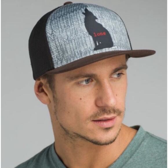 Prana Other - Prana Journeyman Lone Wolf black brown Trucker Mesh Snapbak Organic Hat Cap NEW